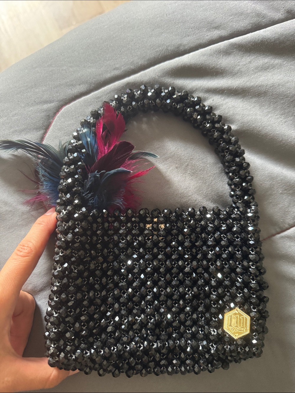 Handmade Black Beaded Evening Tote with Feather Accent